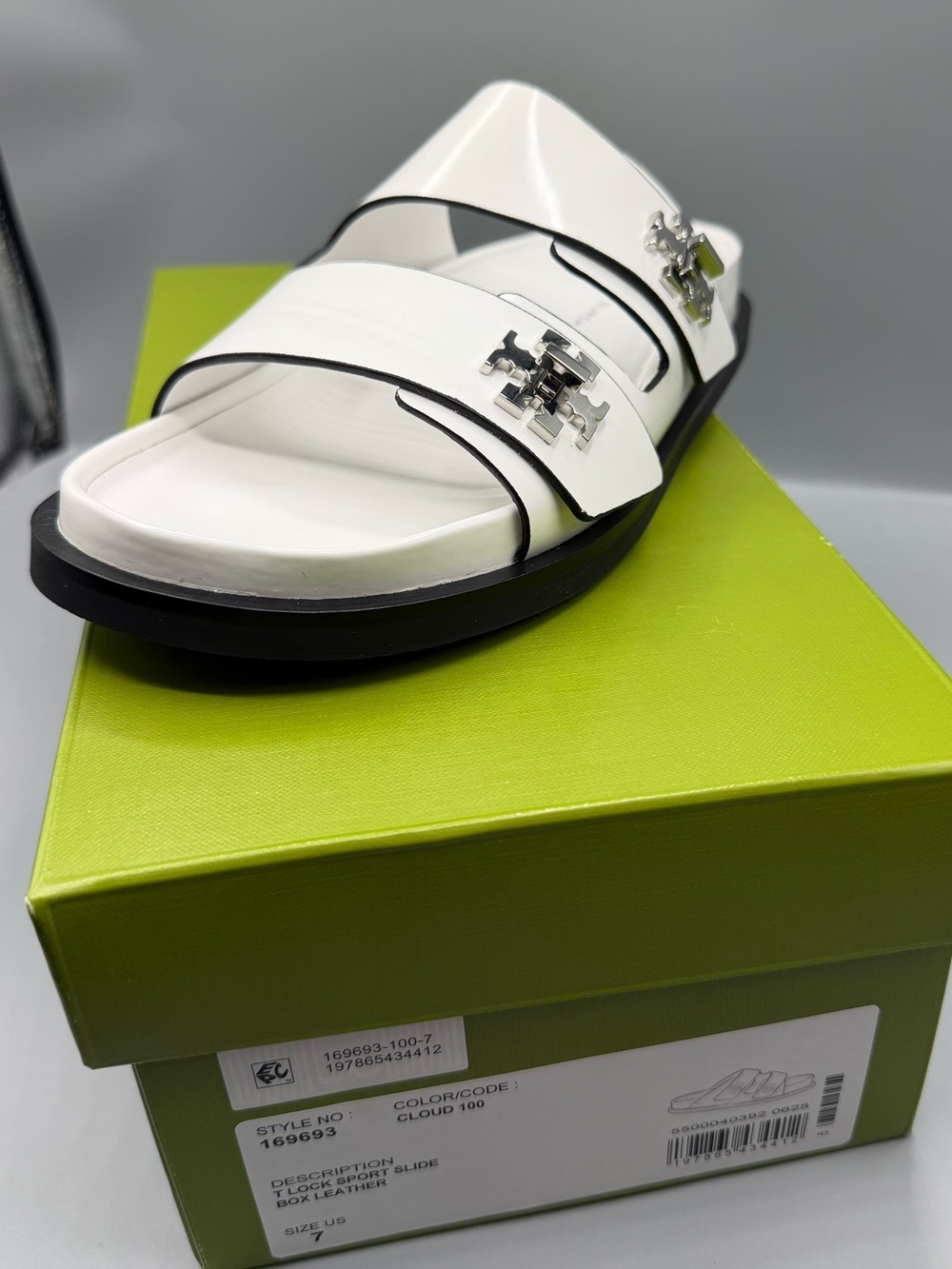 Tory Burch White Double-Strap Slide Sandals with Silver Logos - Picture 2 of 3
